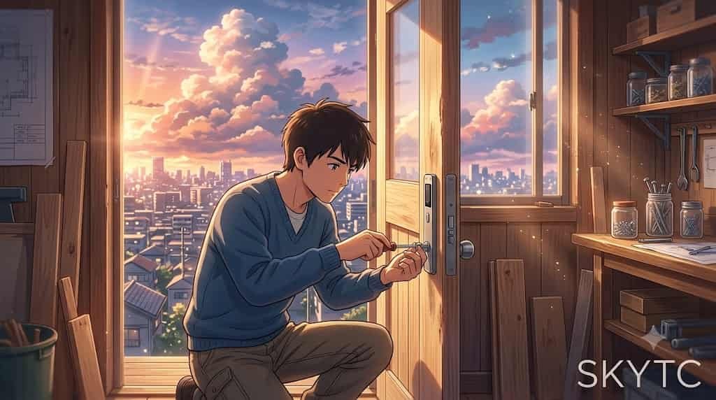 An anime-style man working on repairing a smart lock bolt rubbing on a wooden frame, in the sky-inspired style of Makoto Shinkai by skytc.