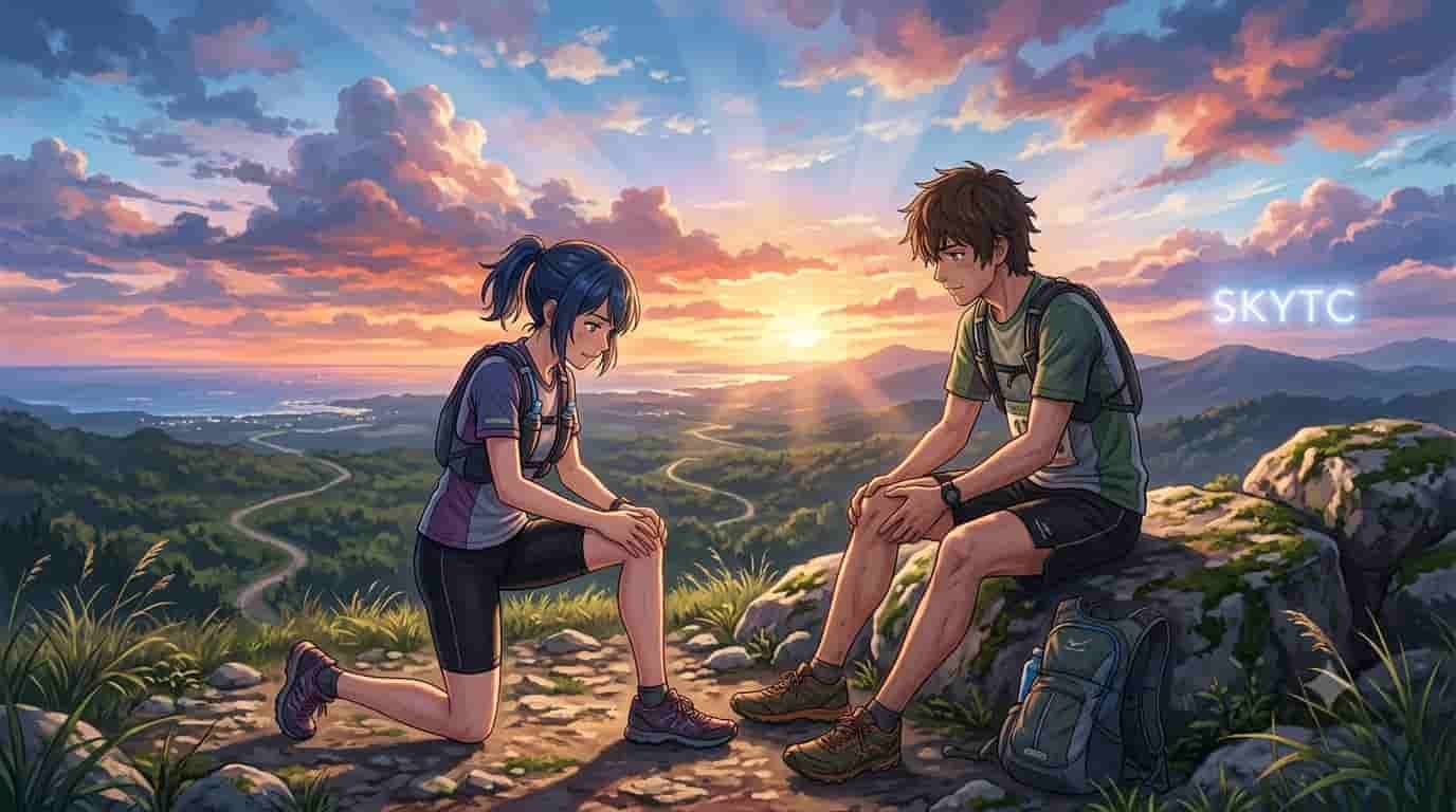 An anime-style illustration of two runners, a man and a woman, stretching their knees and legs at sunset after a long ultramarathon trail run, embodying resilience and recovery with a scenic backdrop and the brand name 'skytc' subtly in the sky.