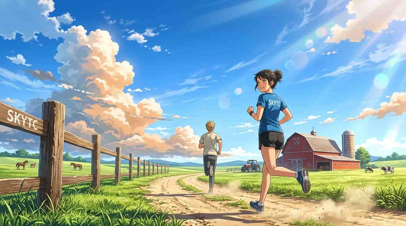 A cinematic Makoto Shinkai style anime illustration for skytc, showing a young woman and man running together on a bright clear day at a countryside ranch, representing restoring bone density through active living.