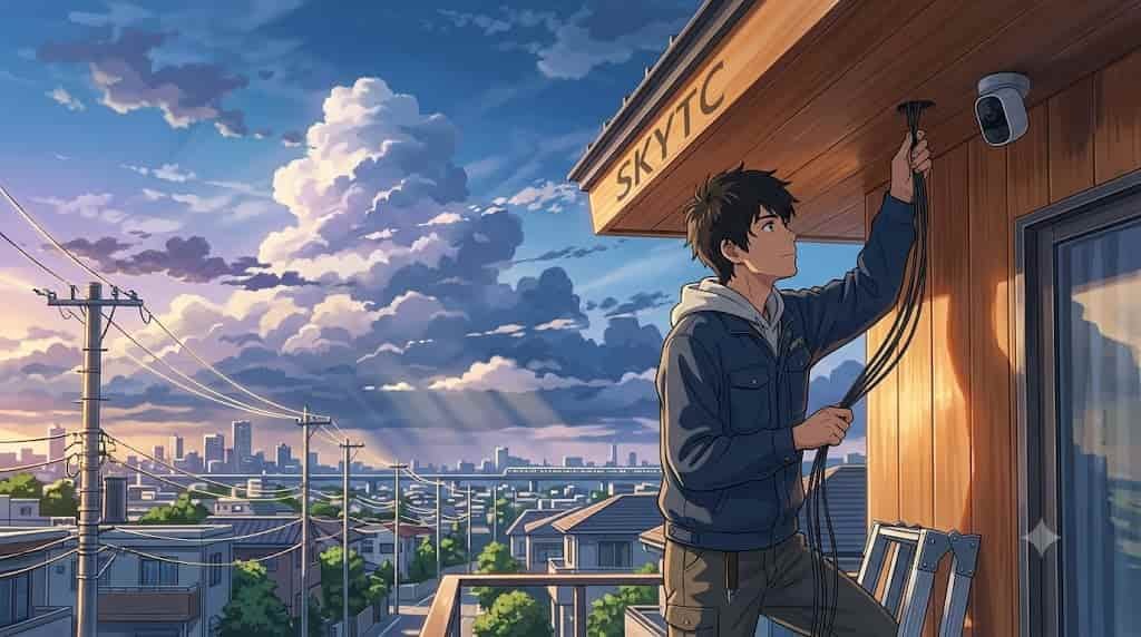 A skytc visual illustrating a man carefully routing smart camera wires through the cedar soffit of a modern house under a dramatic Makoto Shinkai style sky.
