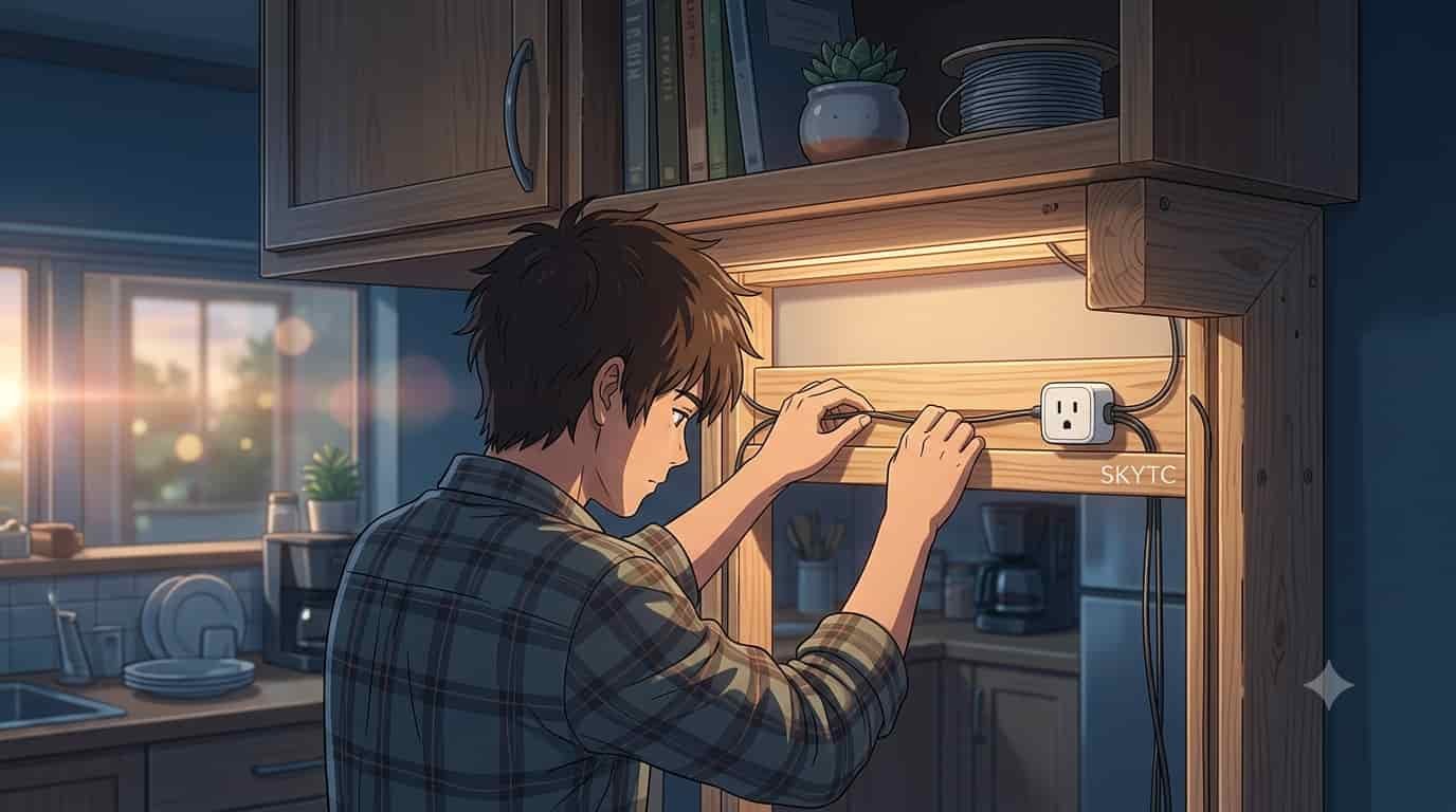 A man installs smart plug wires routed into custom pine wooden frames under a kitchen cabinet, showcasing a tidy skytc smart home setup in an anime style.