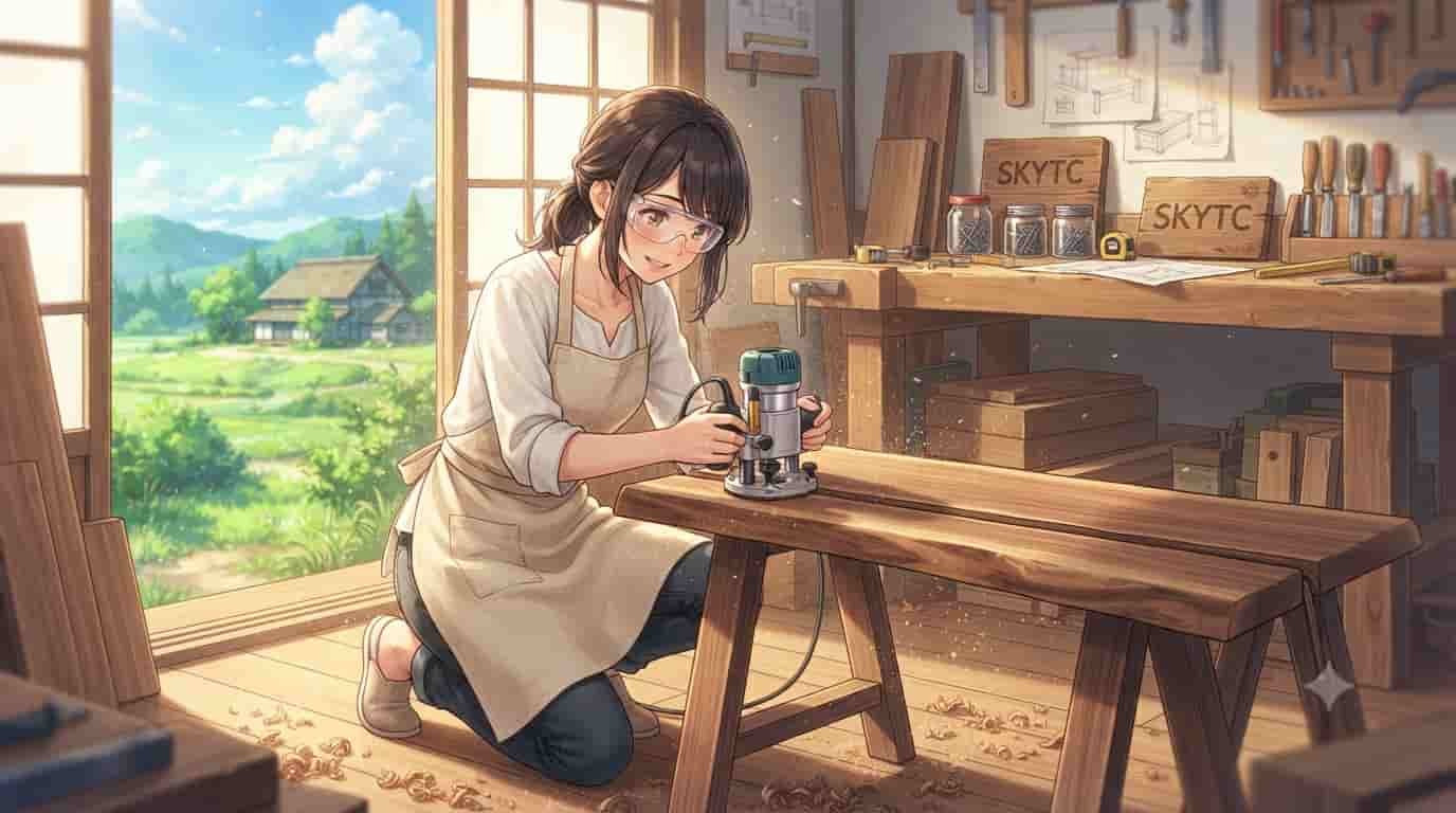 A detailed anime-style illustration of a skytc woodworker routing a cable channel in a walnut console table in a sunlit workshop.