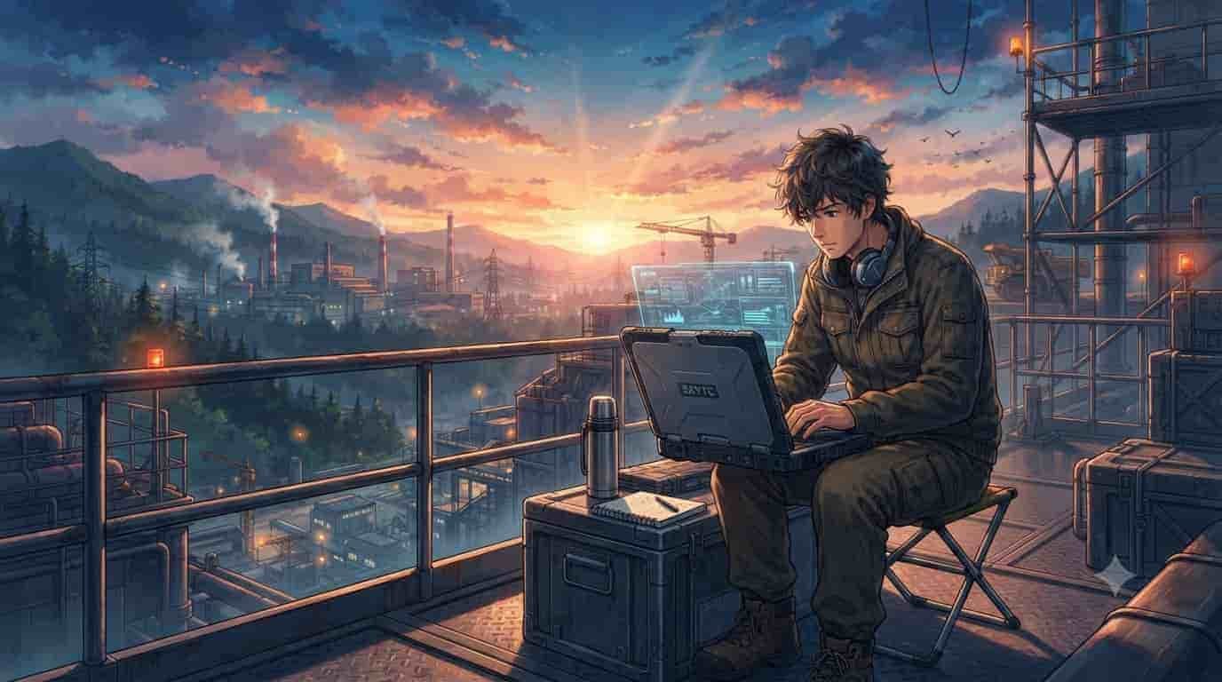 A man using a durable SKYTC laptop on a remote industrial construction site at sunset, anime art style.