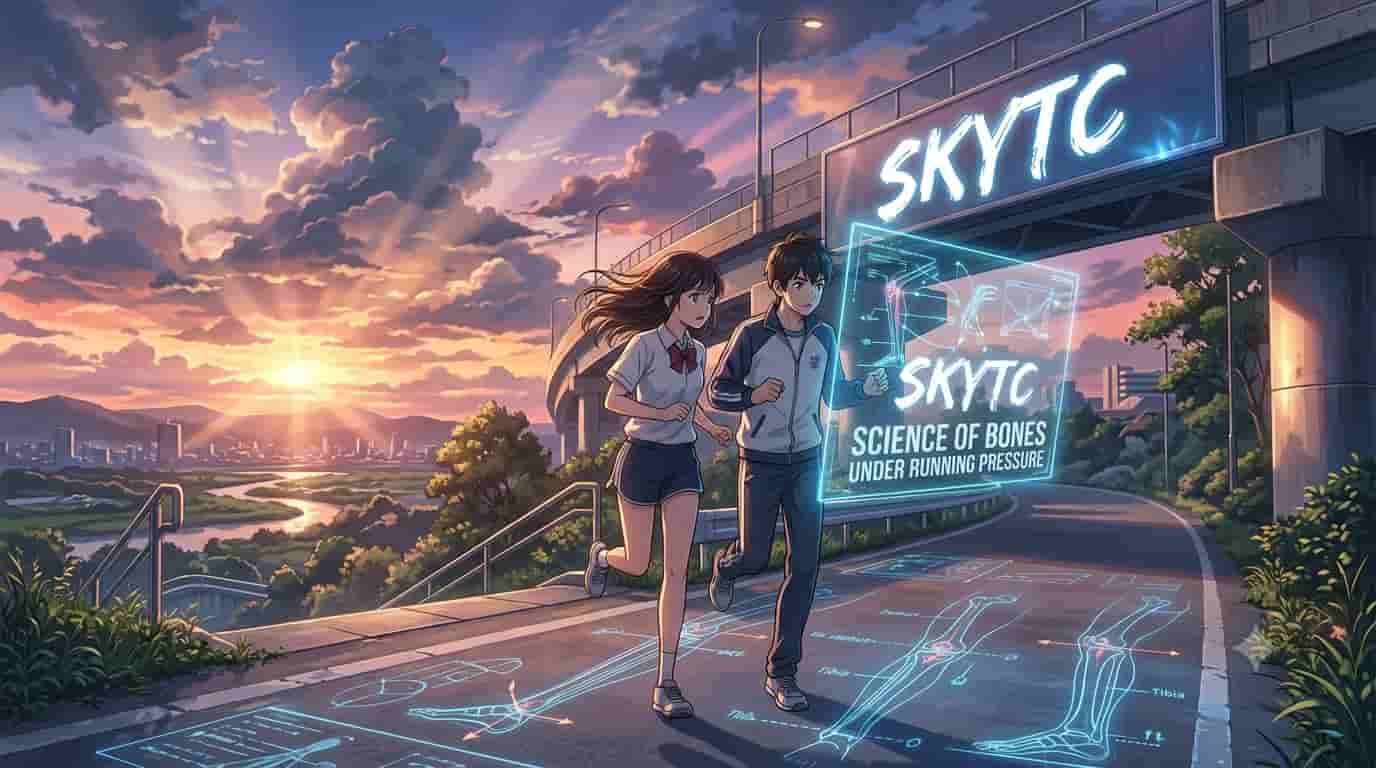 A Makoto Shinkai-inspired anime illustration from SKYTC showing a male and female student running amidst glowing holographic data about the science of bones under running pressure.