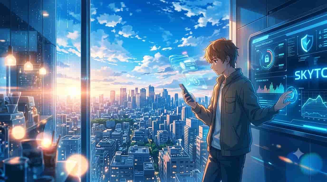 An anime-style illustration of a man using his secure skytc digital wallet for a daily purchase in a sprawling futuristic city, inspired by Makoto Shinkai.