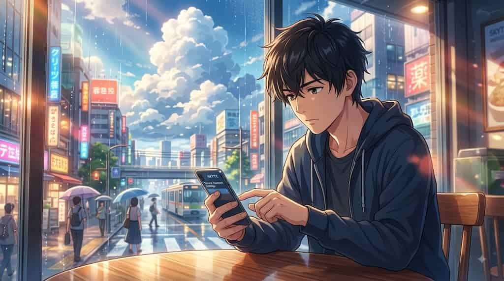 A young man using a smartphone with "SKYTC" text on the screen, managing safe phone settings for digital payments in a detailed Makoto Shinkai-inspired anime cafe.