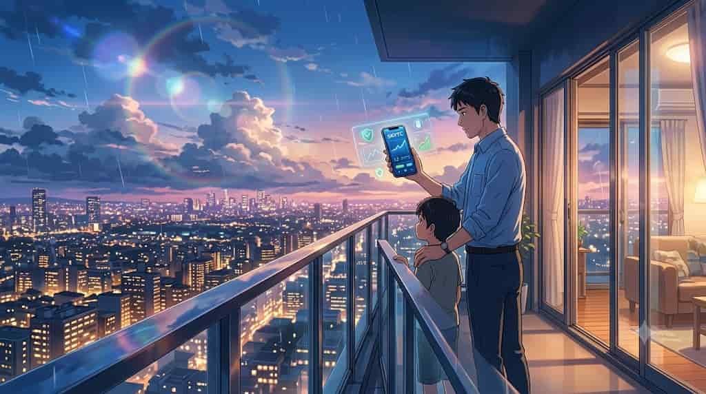 A father and son look out at a city skyline while using an insured financial app, representing SKYTC's role in safeguarding family capital.