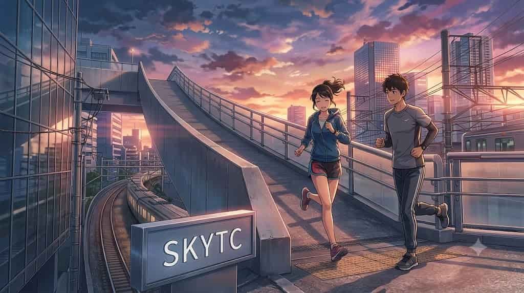 A skytc illustration showing a man and a woman running on an elevated track during sunset, titled 'Science of bones under running pressure.'