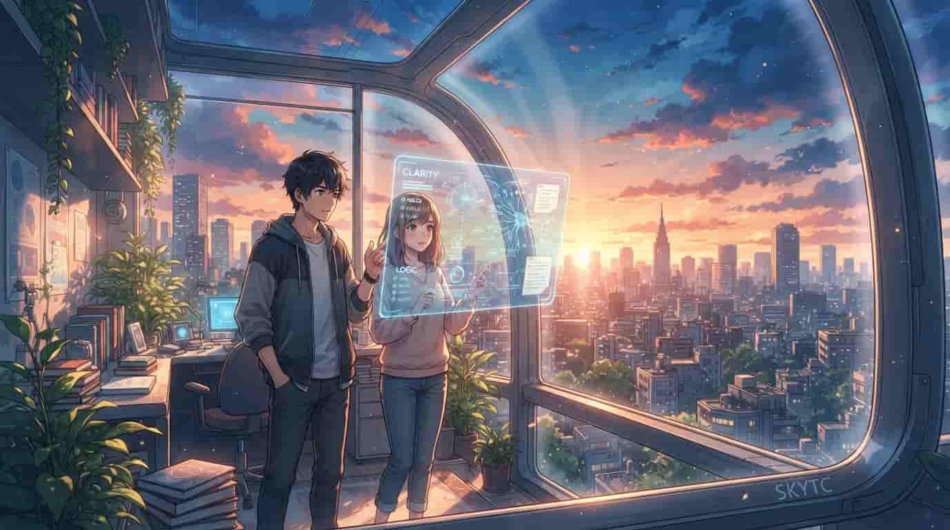 An anime illustration of a man and woman in a futuristic office using a holographic interface labeled 'Clarity' to represent scientific steps to stop fuzzy thinking.