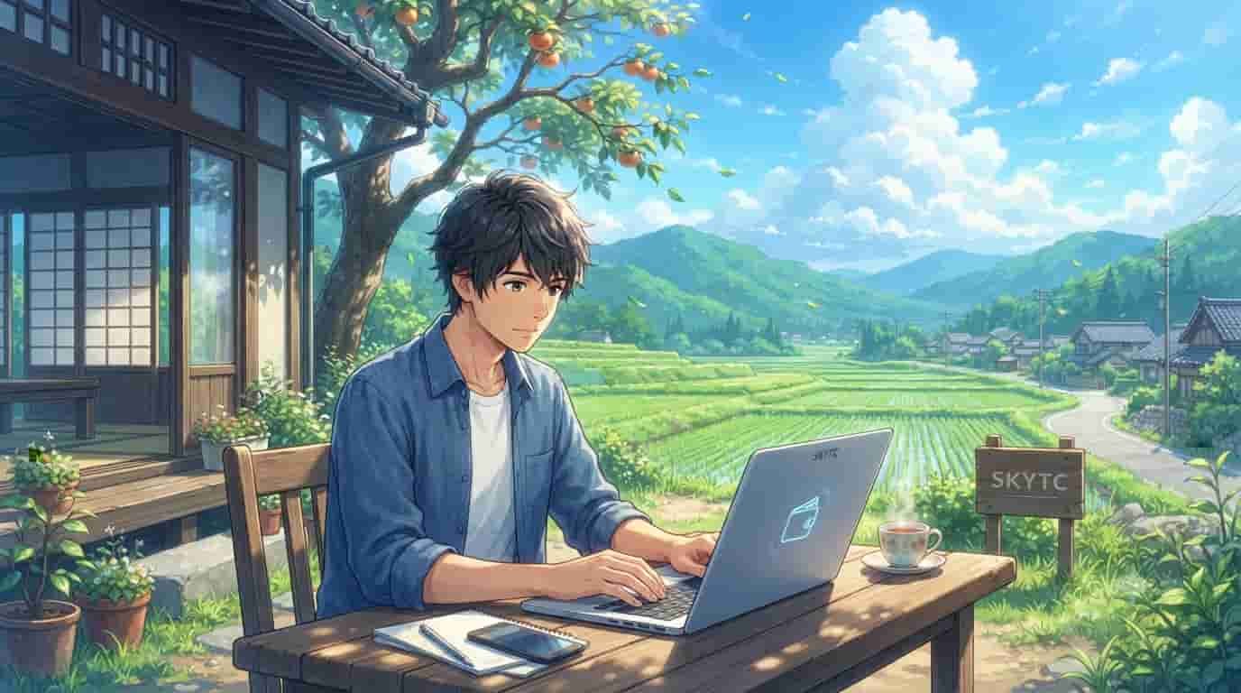 An anime-style digital illustration inspired by Makoto Shinkai, showing a young man working on a laptop with a digital wallet icon on the screen. He is sitting at a table outside a traditional Japanese house in a lush countryside setting. A small wooden sign in the background reads "SKYTC". The image illustrates concepts of online safety and using a secure digital wallet on public Wi-Fi.
