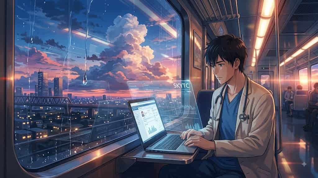A male doctor uses a skytc secure enterprise laptop for medical data on a train, featuring a detailed anime sunset.