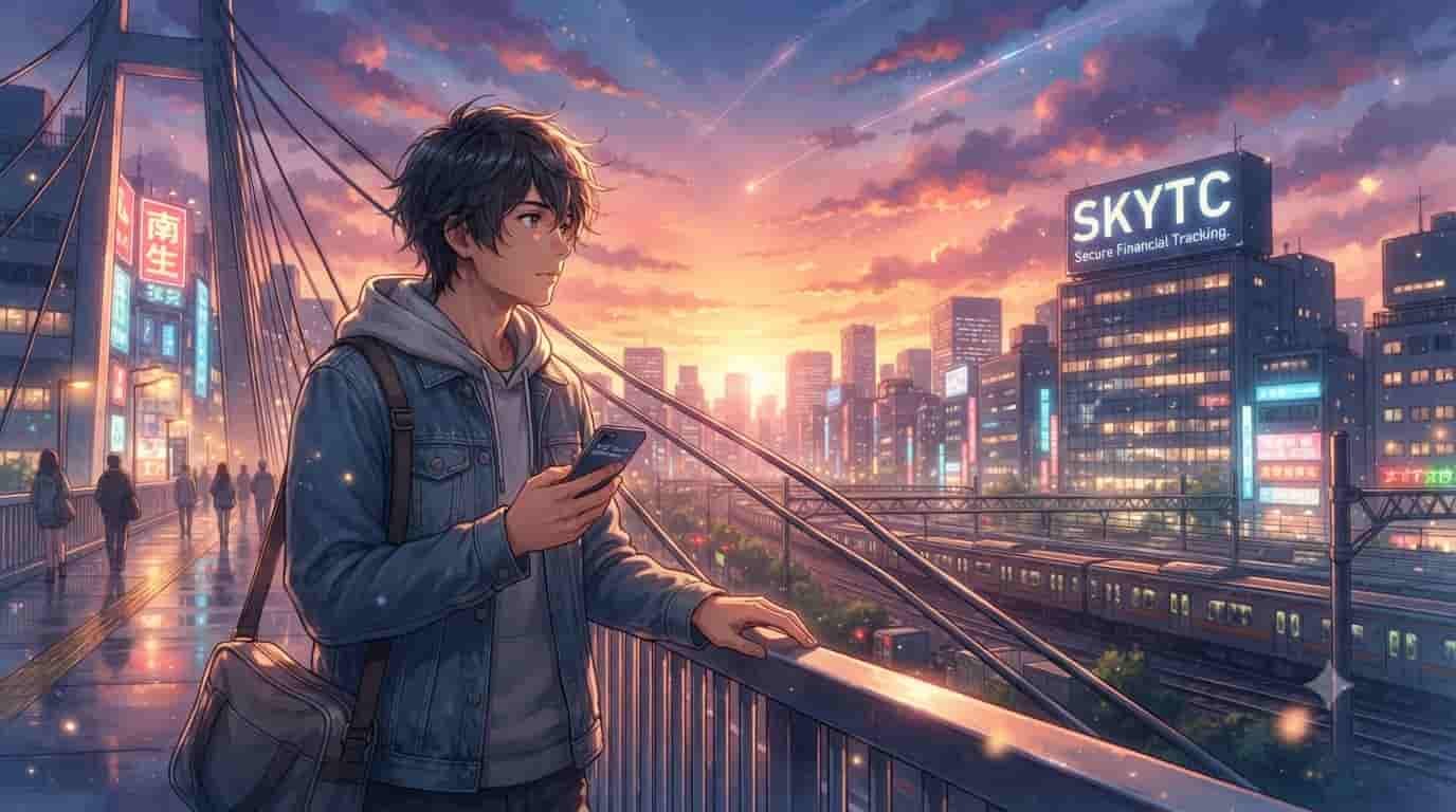 An anime-style illustration of a man on a bridge at sunset overlooking a city with a large SKYTC billboard for secure financial tracking.