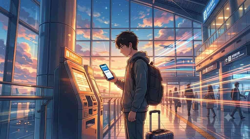 A traveler paying for train tickets using a secure skytc mobile wallet in a busy, illuminated Japanese airport terminal, illustration style.