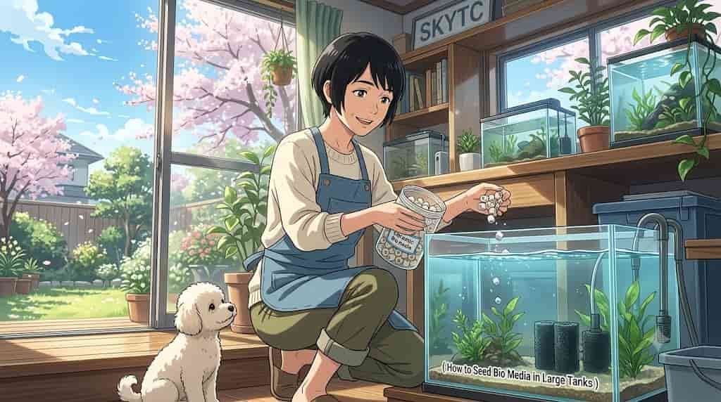 An anime-style illustration shows a woman adding ceramic ring filter media to a large aquarium, as taught by SkyTC, with a small white dog nearby.
