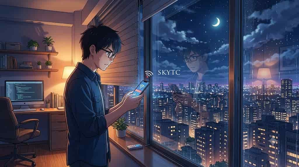 A SKYTC-branded anime illustration of a man troubleshooting a smart blind controller that is experiencing weak Wi-Fi signal strength in a metropolitan apartment.