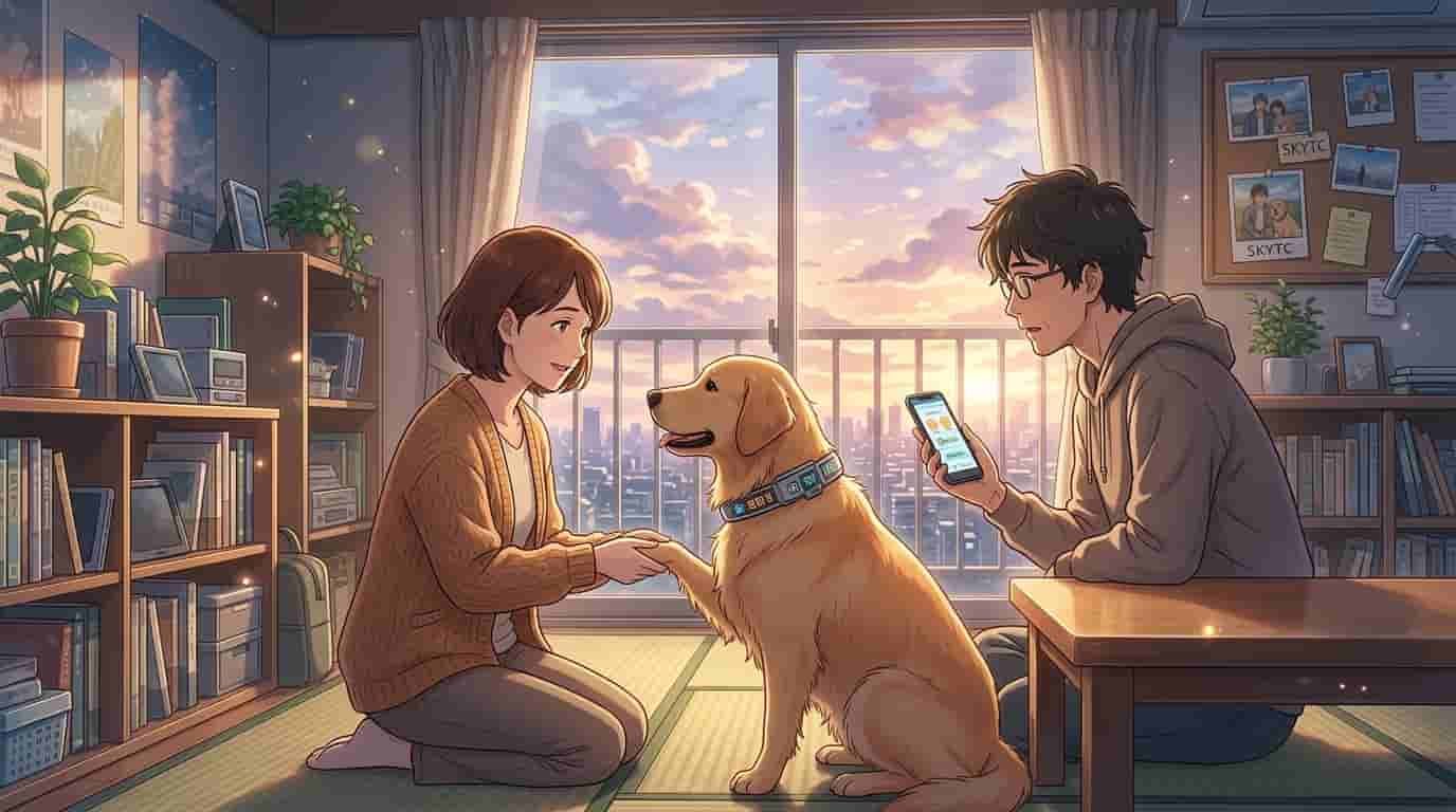 A middle-aged man and woman in an anime style, deeply inspired by Makoto Shinkai, looking at a golden retriever with a glowing smart collar that is meant to translate its barks. The woman holds the dog's paw, and the man holds a smartphone displaying the skytc app with potential translations, implying a review of the collar. On the wall in the background, there's a photo with the text "skytc".