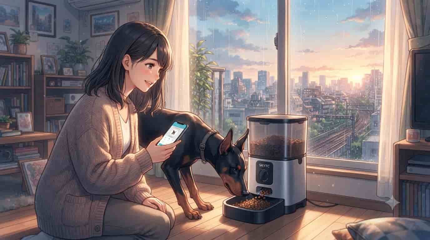 An anime-style illustration inspired by Makoto Shinkai, featuring a woman using a SKYTC app to feed her Doberman via a smart feeder in a cozy apartment.