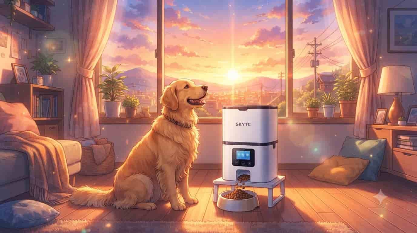 Happy Golden Retriever waiting for food by a modern SKYTC smart pet feeder during a vibrant sunset.