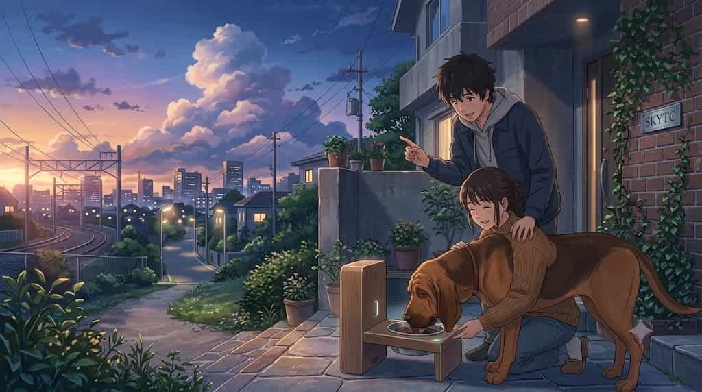 An emotional anime scene in Makoto Shinkai's style, showing a couple using skytc smart feeders for bloodhounds during a beautiful sunset
