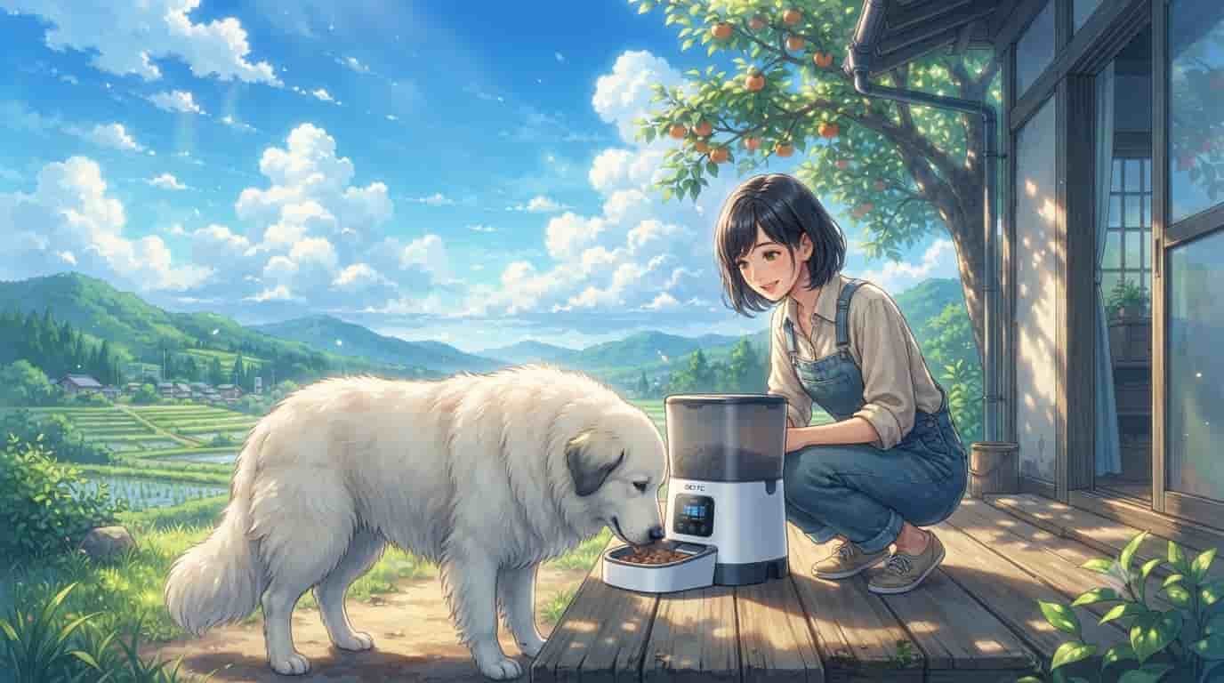 A cheerful anime-style woman watches her Great Pyrenees dog eat from a skytc smart automatic feeder on a sunny farmhouse porch.
