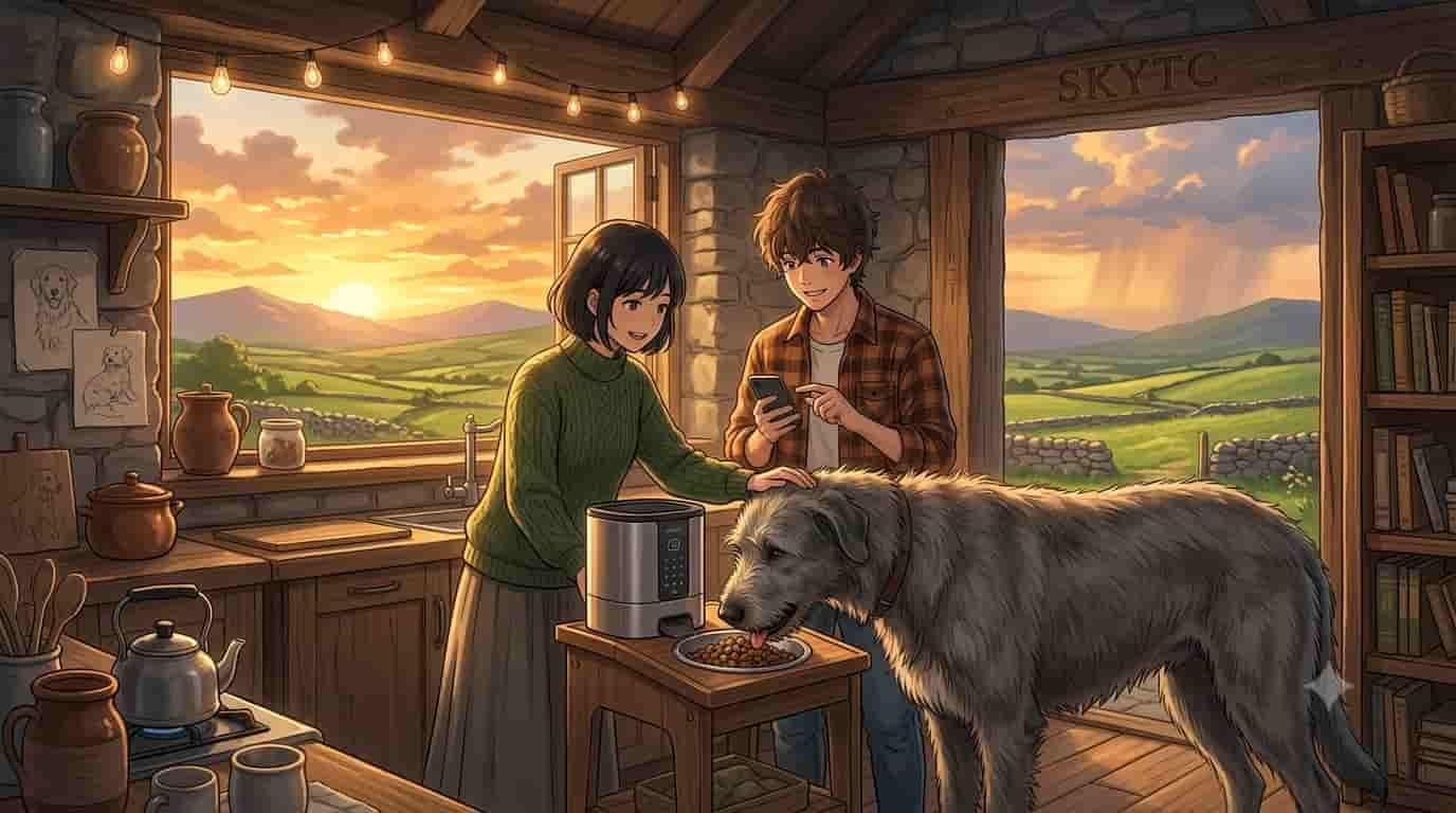 An artistic Makoto Shinkai style anime illustration showing a man and a woman in an Irish cottage using a skytc smart feeder for their large Irish Wolfhound during a sunset.