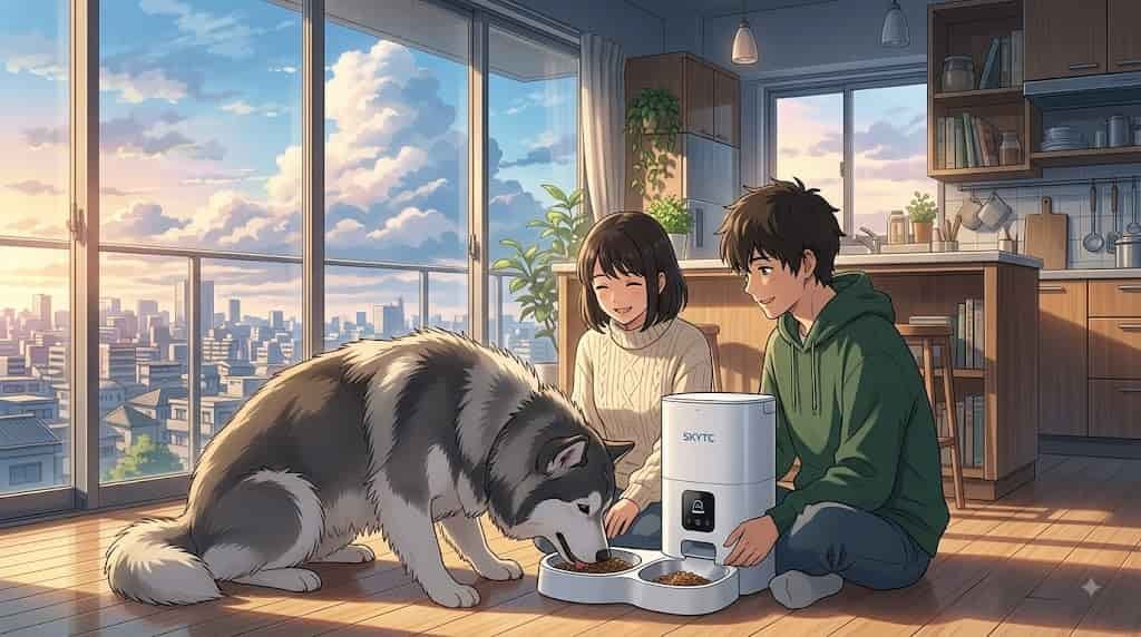 A skytc illustration of a man and woman using a smart feeder with an Alaskan Malamute.