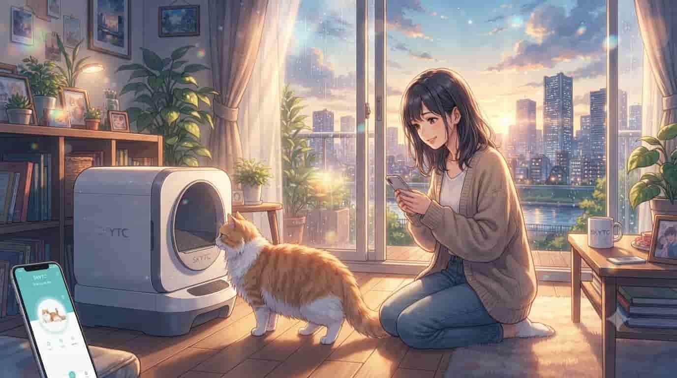 A young woman smiling at her cat near a SKYTC self-cleaning smart litter box in an anime-style apartment at sunset.