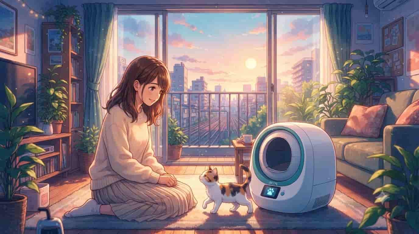 An anime illustration in the style of Makoto Shinkai showing a young woman smiling at a calico kitten near a SKYTC smart litter box in a sunlit apartment.