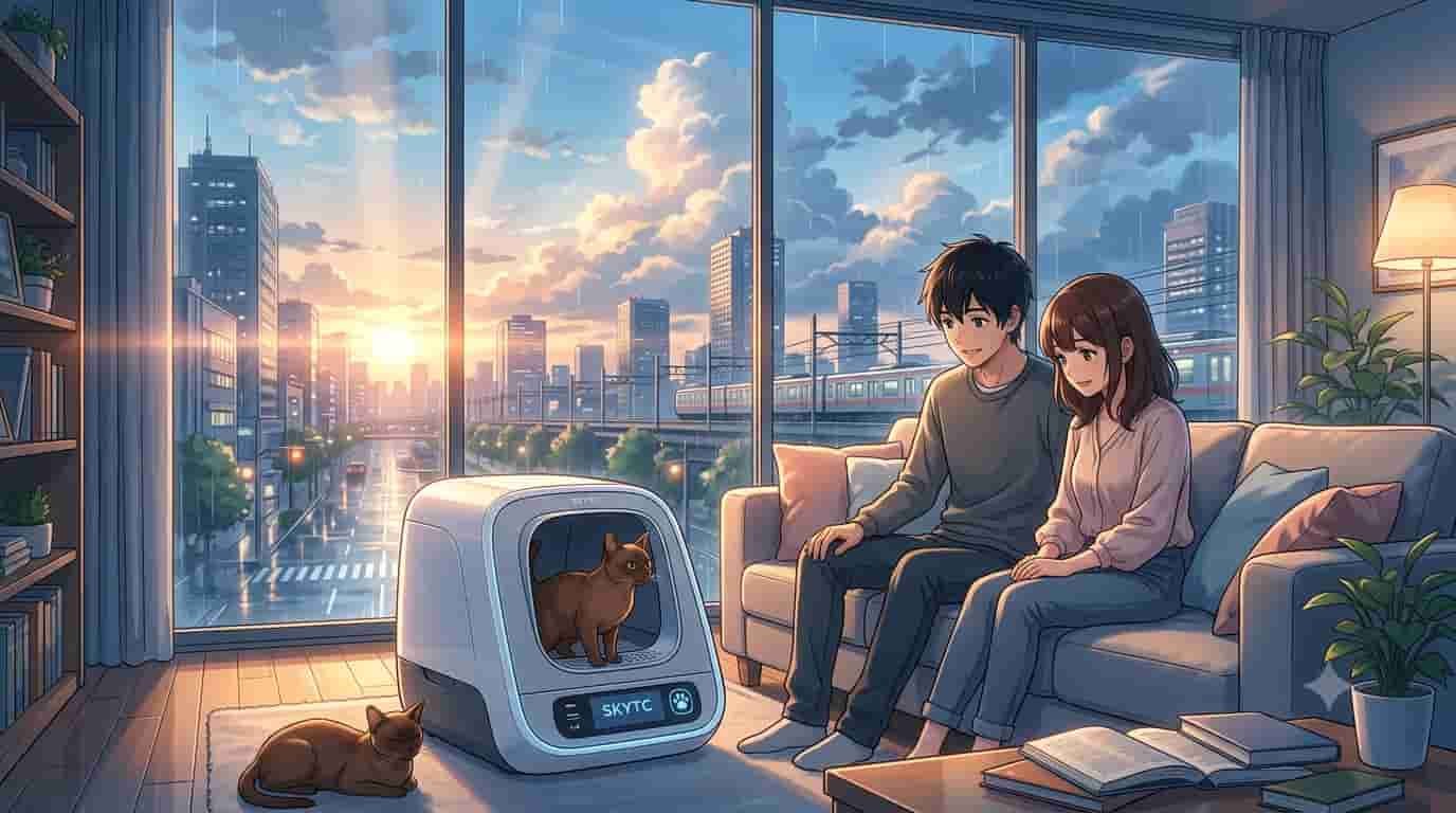 An anime-style illustration inspired by Makoto Shinkai shows a couple in a cozy apartment with a rain-washed cityscape sunset, looking contentedly at a smart litter box displaying "SKYTC". A brown Burmese cat is inside the device and another rests on the floor.