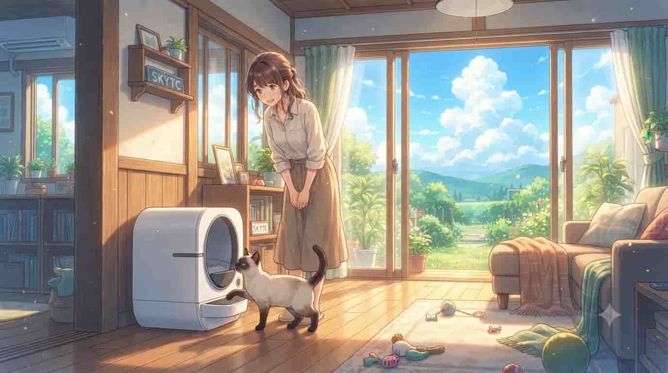A bright, sunny anime-style illustration by skytc showing a woman and a Siamese cat near a modern skytc smart litter box in a cozy home.