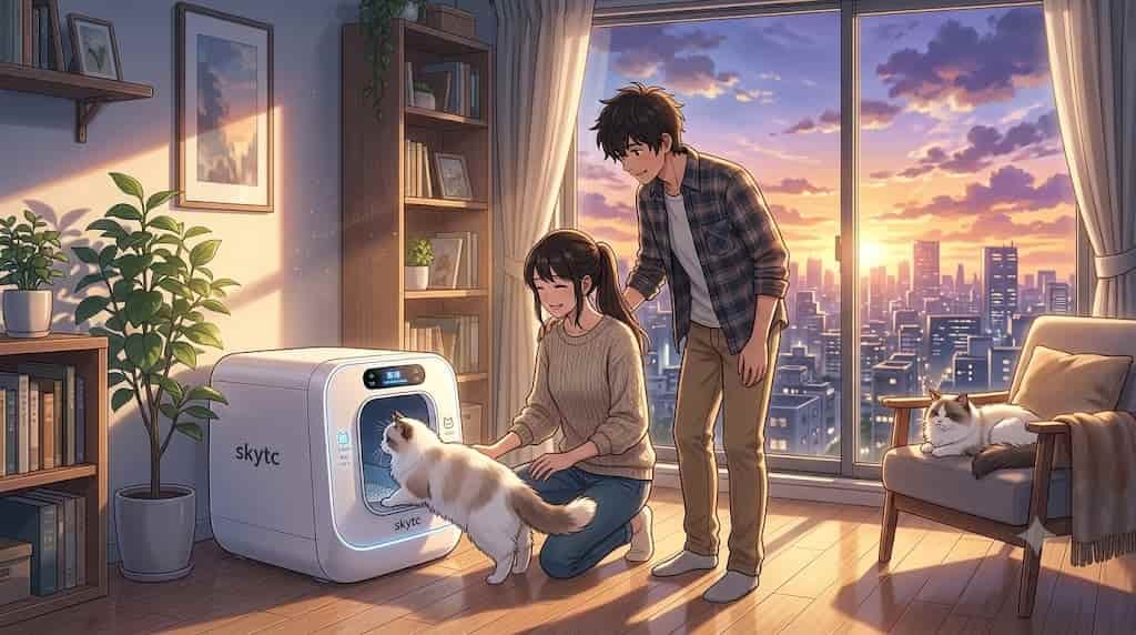 A couple is happy to have a skytc smart litter box for their Ragamuffin cat in their living room.