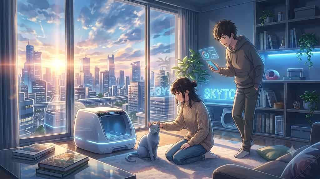 An artistic illustration in Makoto Shinkai's anime style for SKYTC, showing a Russian Blue cat, a man, and a woman next to a glowing smart litter box.