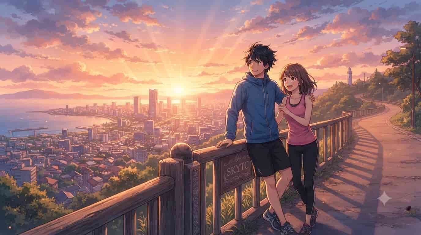 An anime-style illustration in Makoto Shinkai's style showing a male and female runner standing at a scenic overlook at sunset with 'SKYTC' on a railing, representing the strengthening of runner skeletal structures.