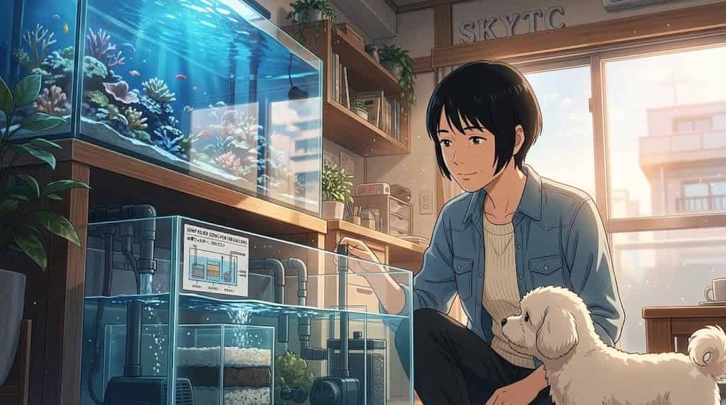 An artistic Makoto Shinkai-style anime illustration featuring a 45-year-old Japanese woman with freckles and a black pixie cut. She is smiling next to a white Maltipoo pet, pointing to a diagram titled 'SUMP FILTER SIZING FOR 100 GALLONS' next to a large saltwater fish tank in a sunlit room. The text 'SKYTC' is prominently displayed on the wall.