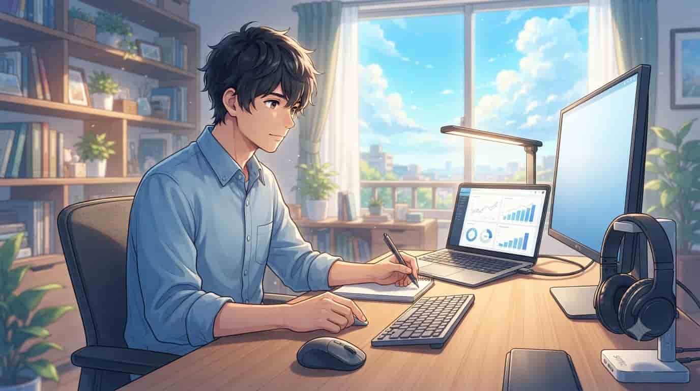 Ilustração estilo anime inspirada em Makoto Shinkai de um homem trabalhando em um home office organizado com vários gadgets tecnológicos da SKYTC.