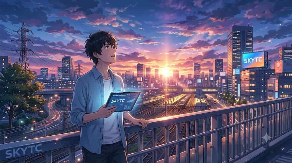 A man in a vibrant anime style, inspired by Makoto Shinkai, looking up from his tablet. A screen on his tablet and a billboard clearly display the brand name "SKYTC". He is standing on a bridge over city train tracks at sunset, representing the search for hidden fee locator tools for retirement investments.