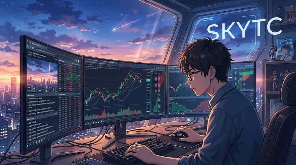 A skytc anime-style illustration of a man day trading with multiple monitors and a high-performance wireless mouse under a twilight sky.