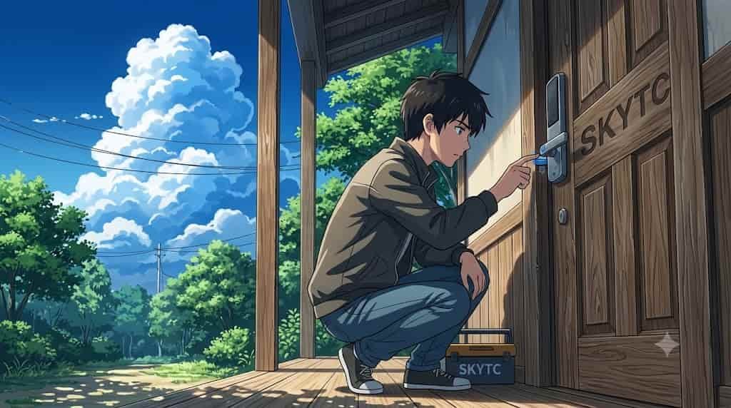 An anime-style skytc illustration of a person inspecting a jammed Veise smart lock on a wooden door jamb under a blue sky, with the text "SKYTC" visible on the device.