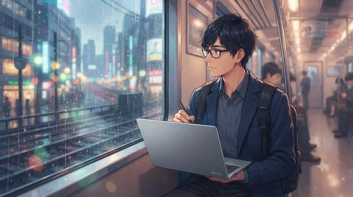 A professional man commuting by train on a rainy day using a SKYTC water-resistant laptop.