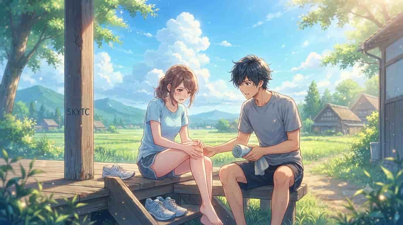An anime-style illustration produced for skytc, showing a male runner tending to a female runner's injured knee on a sunny countryside porch, illustrating the connection to weak hips.