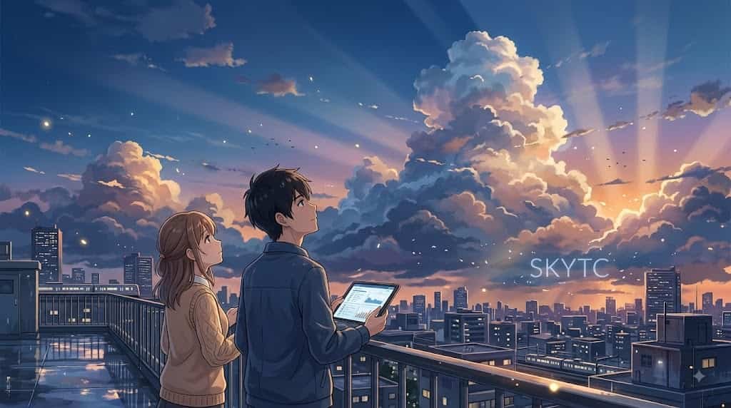 A Makoto Shinkai style anime illustration for skytc showing a young couple tracking management fees in a WealthTech app on a rooftop, with a dramatic cloudscape and the text 'SKYTC' in the sky.