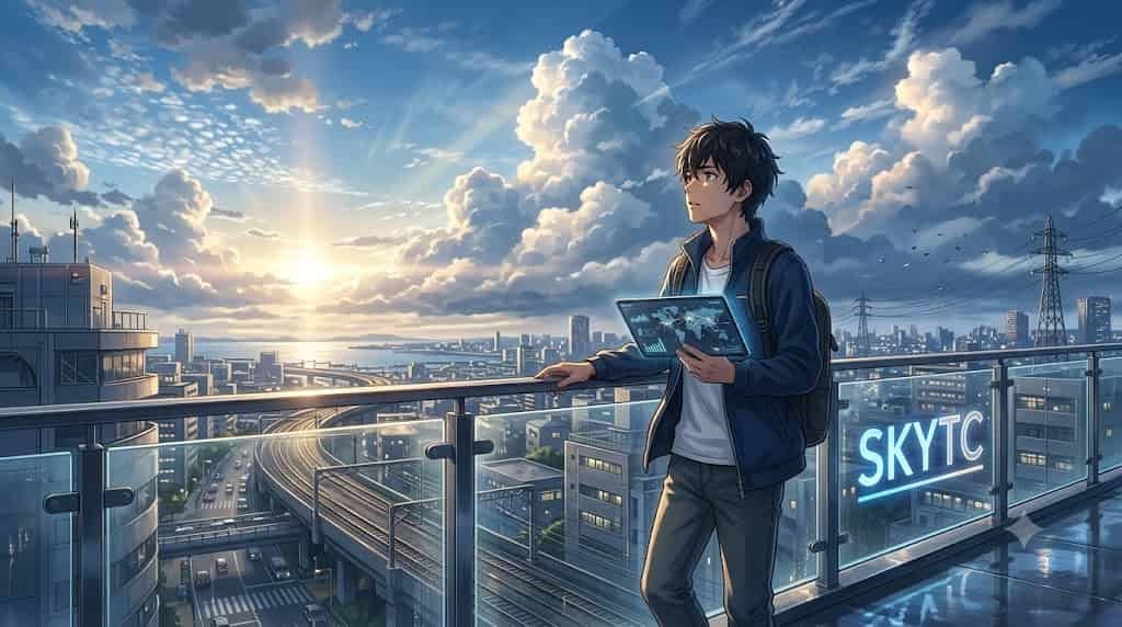 An artistic illustration by skytc showing a male character using a tablet with financial data, overlooking a city skyline with dramatic, Makoto Shinkai-style clouds, representing programmed portfolio adjustments protecting cash flows. The word 'SKYTC' is on a glass barrier.