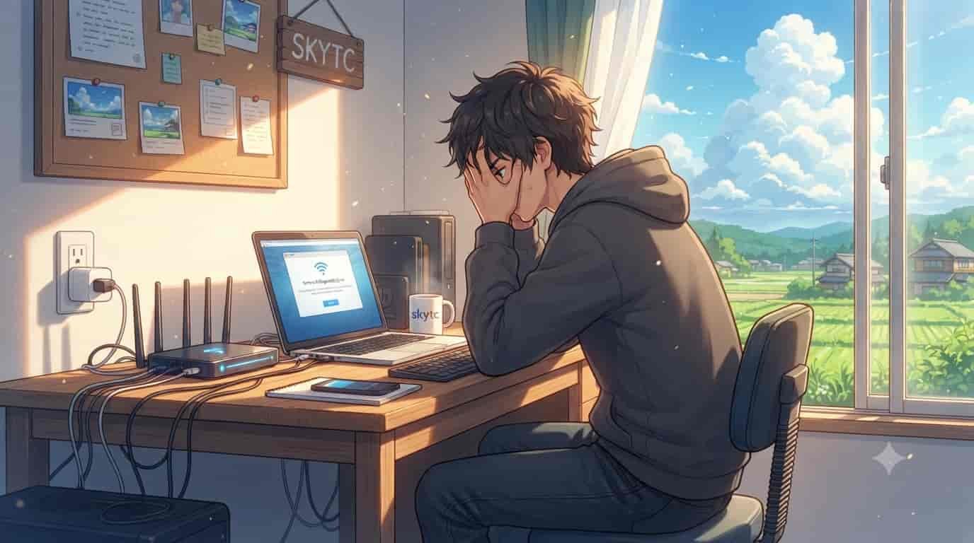 Frustrated man at a desk with a laptop and router illustrating why the skytc smart plug drops Wi-Fi connection.