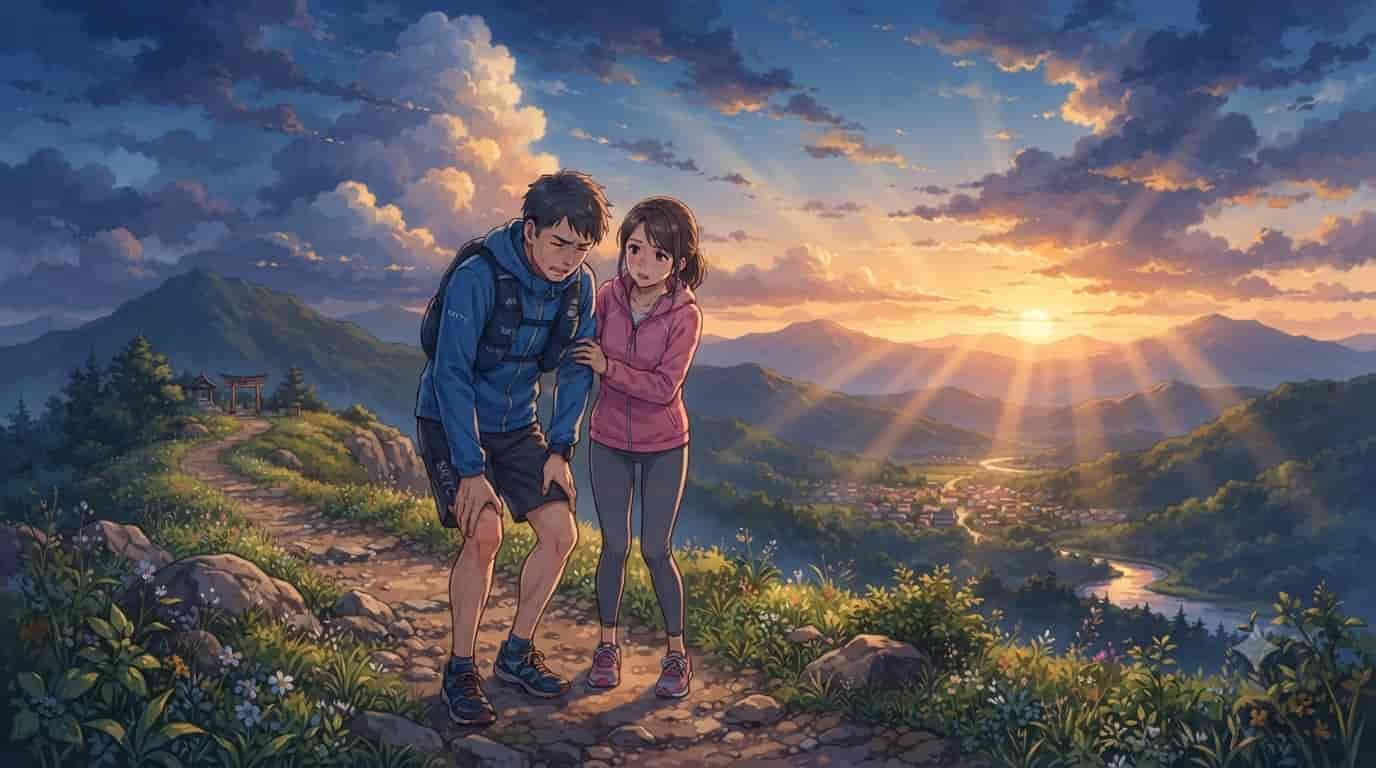 Trail runner in pain holding his outer knee while his partner supports him on a mountain trail at sunset, illustrating Iliotibial Band Syndrome (ITBS). In the background, a scenic valley and the SKYTC logo are visible.