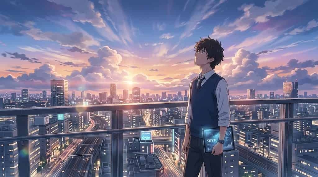 An anime style image with a man on a balcony at sunset, holding a tablet displaying the text "SKYTC", used to illustrate wealthtech fee analysis by skytc.Suggested Caption: Long-term capital protection is essential. This skytc illustration shows a professional overlooking a vast city at sunset, symbolizing a secure financial future through smart wealthtech
