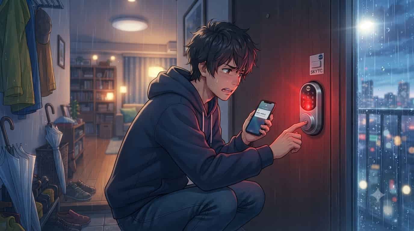 A detailed anime illustration of a distressed man with a phone facing a Yale Smart Lock with a red jammed error light in a rainy apartment entryway, with the SKYTC logo visible on the wall.