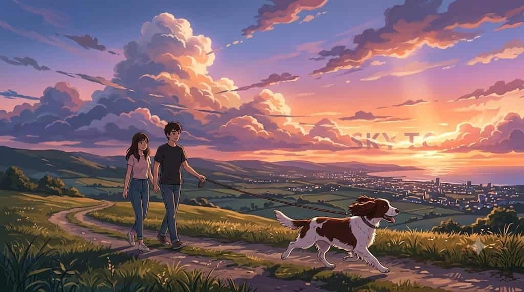 A happy Springer Spaniel and owners enjoying a sunset walk in this SKYTC anime illustration about GPS tracking.
