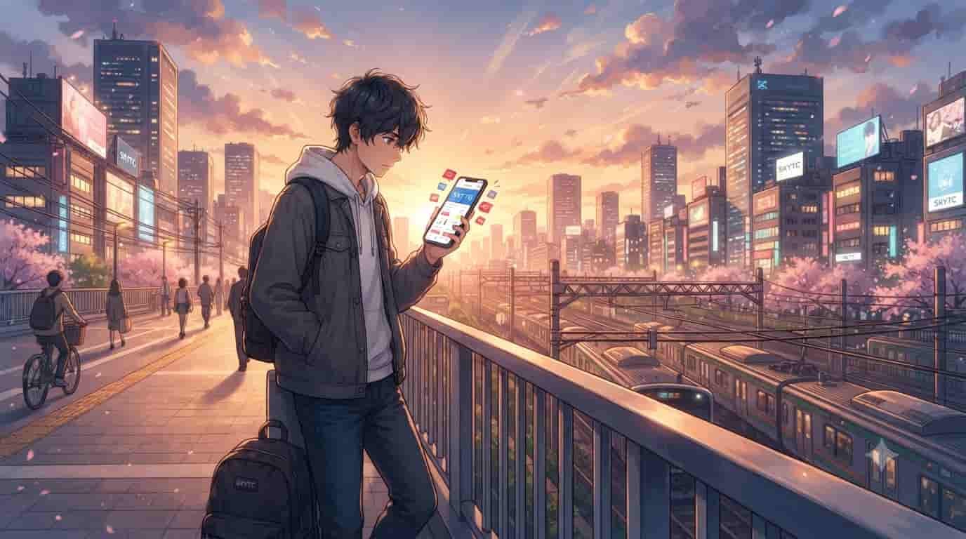 An anime style illustration of a young man using his phone on a city bridge at sunset, representing SKYTC smart shopping strategies for budget tech users.
