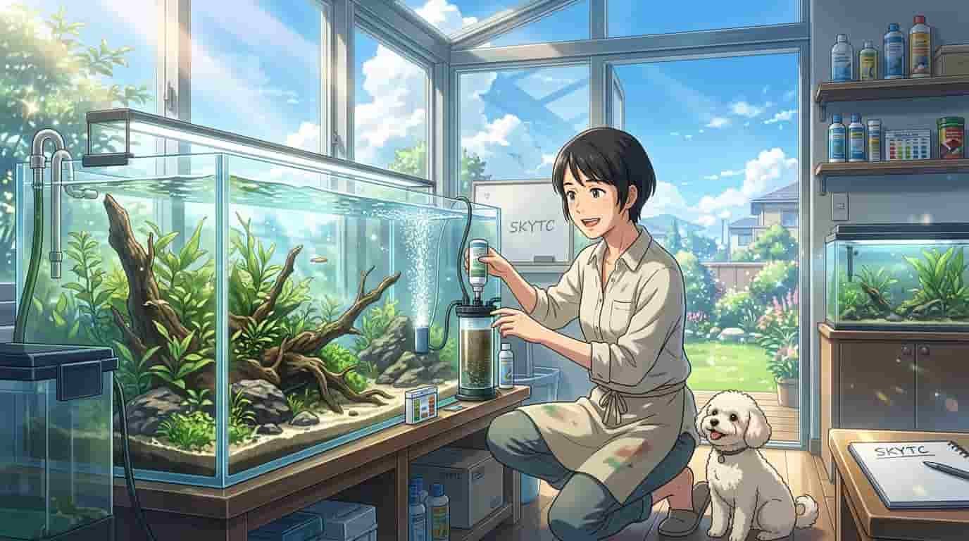 A Japanese woman setting up a large aquarium, illustrating how to speed up cycling with helpful bacteria, featuring SKYTC products.
