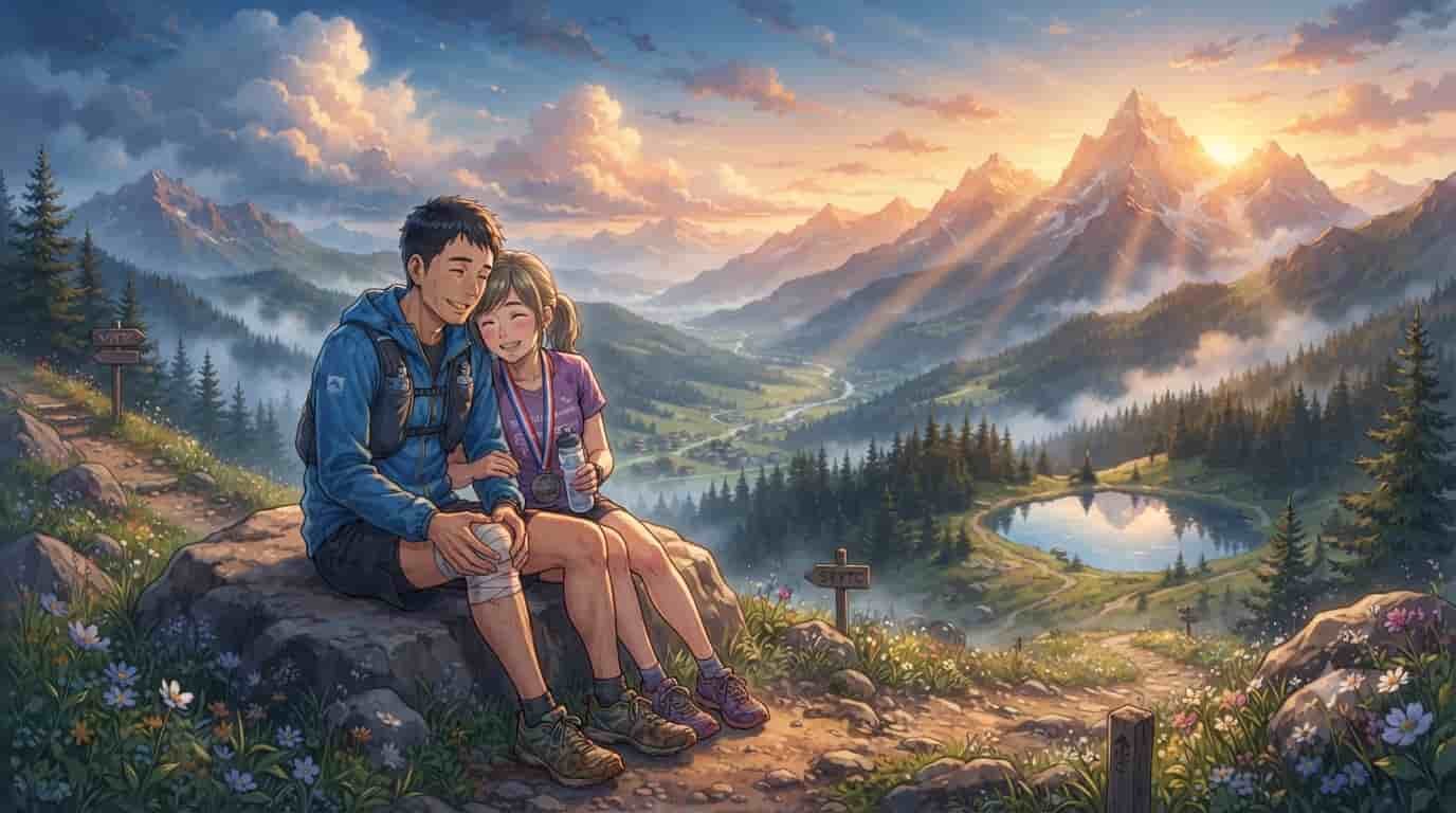 A smiling couple, man and woman in their 40s with finisher medals, resting on a rock overlooking a mountain valley at sunset, with SKYTC visible on a trail sign; a guide for runner's knee recovery.